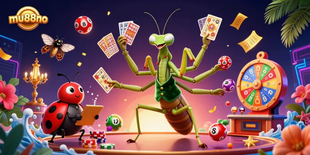 Experience the thrill of mu88no as the giant praying mantis deals cards amidst vibrant casino elements.