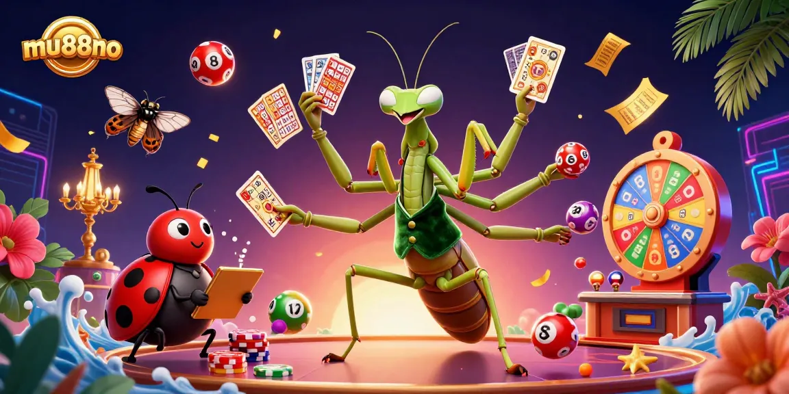 Experience the thrill of mu88no as the giant praying mantis deals cards amidst vibrant casino elements.