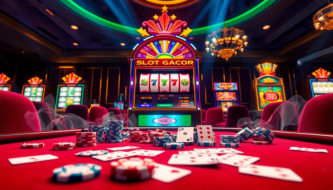 Rasakan permainan Slot Gacor yang mendebarkan di kasino mewah, menampilkan mesin slot yang berwarna-warni dan momen kemenangan.