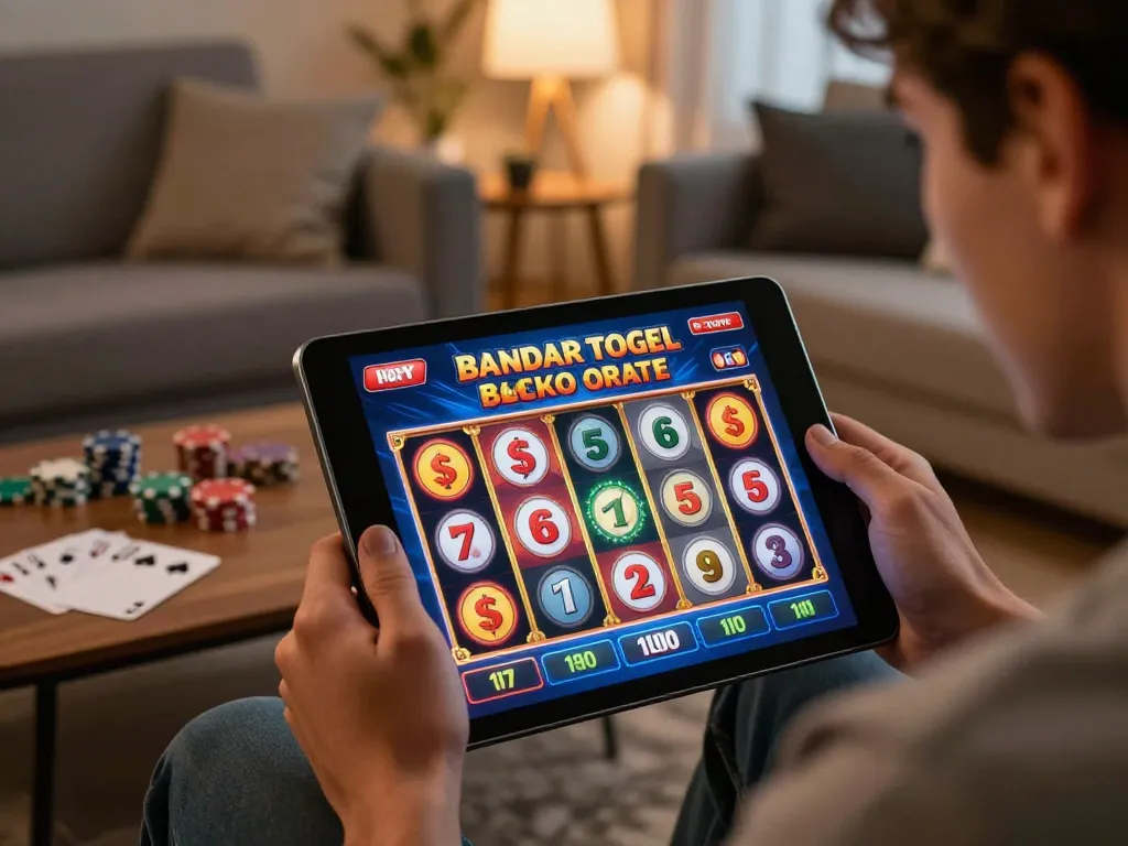 Pemain terlibat menikmati Bandar Togel Slot di tablet dalam suasana rumah yang nyaman.