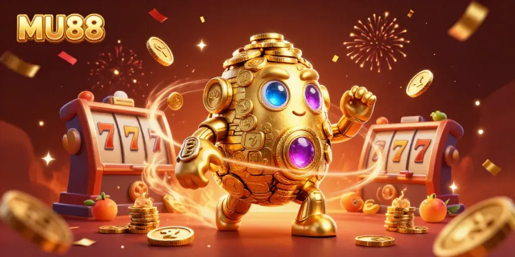 Engage with MU88's vibrant gambling scene featuring gold golem, slot reels, and festive elements.