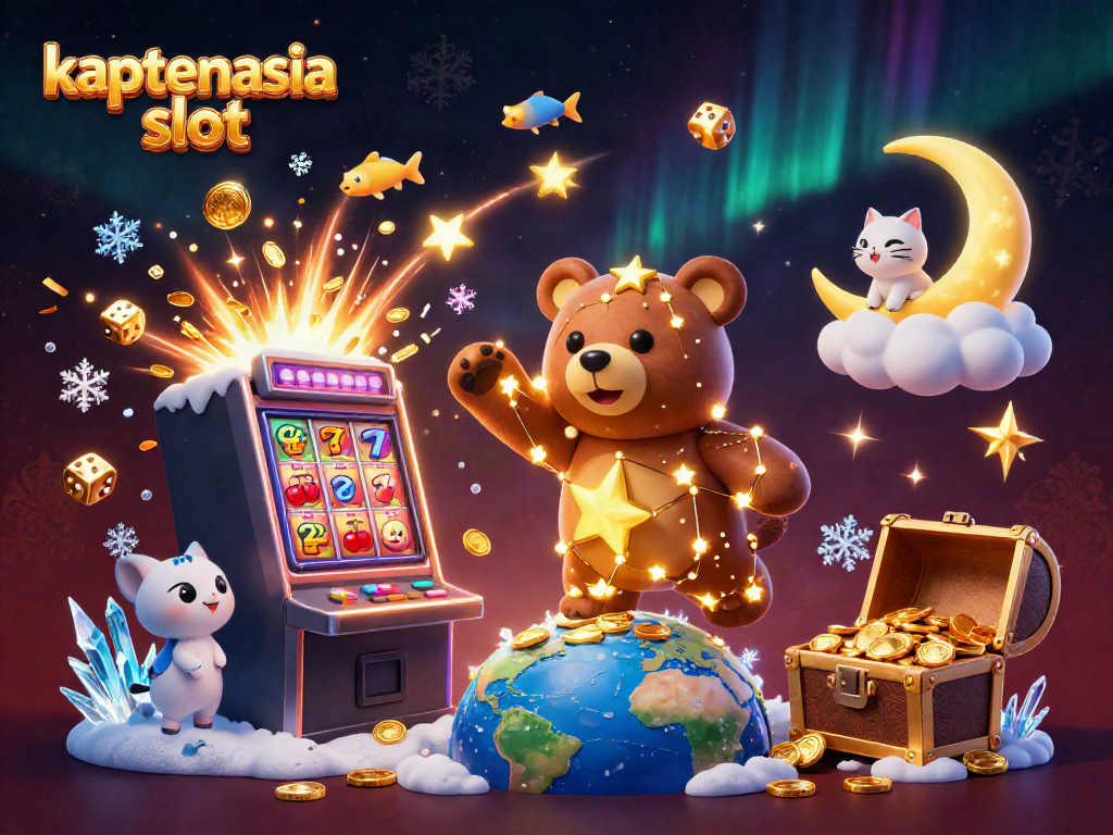 Permainan slot kaptenasia yang menarik dengan karakter beruang bintang dan mesin slot mengeluarkan koin.