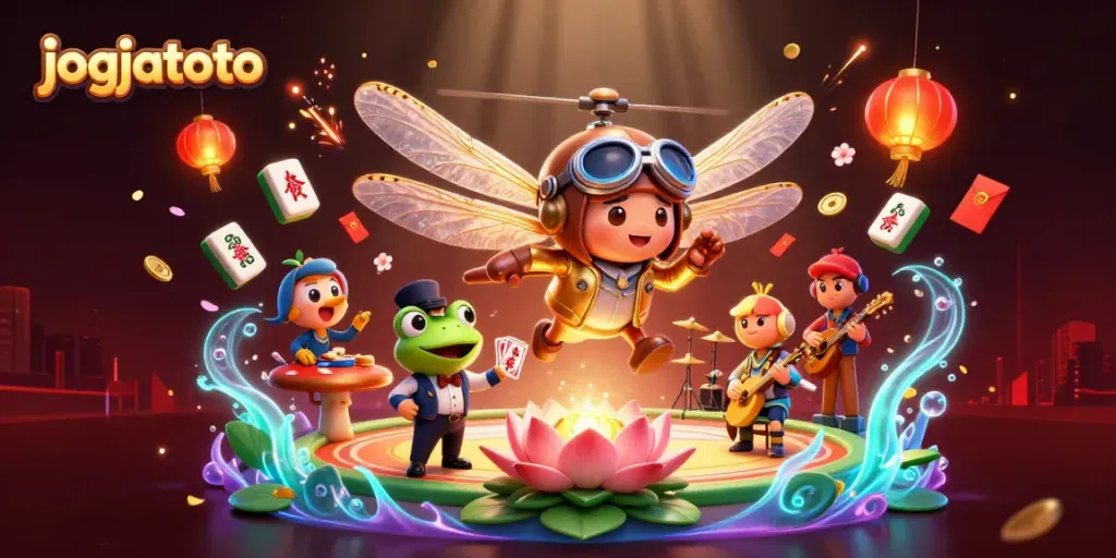 Engage with jogjatoto's thrilling 3D casino illustration featuring vibrant characters and game elements.