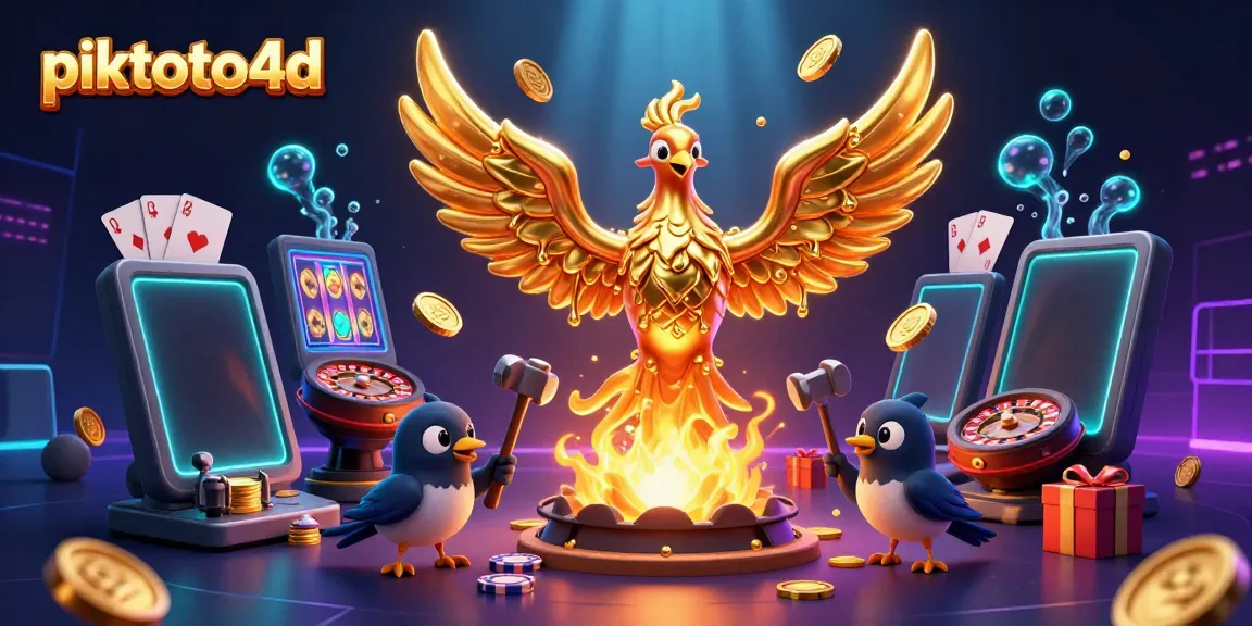 Experience the excitement of piktoto4d as the golden phoenix emerges with coins, surrounded by vibrant gaming elements.