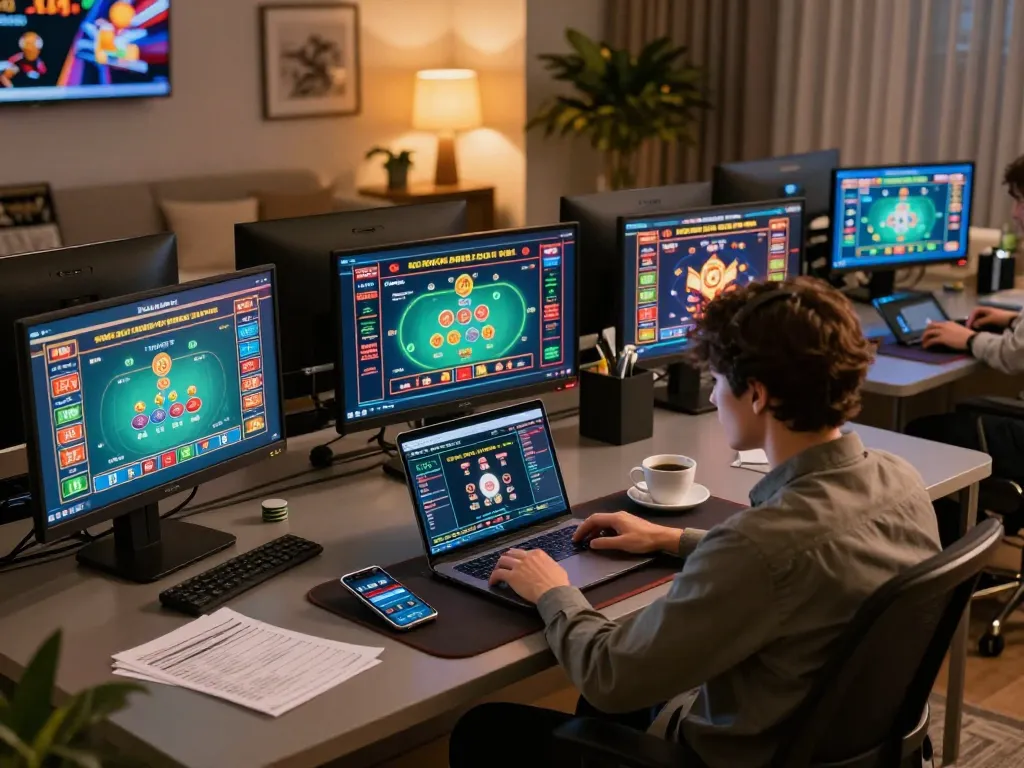 Engaged player exploring fatfishcantinagrill strategies using a tablet in a cozy online gaming setup