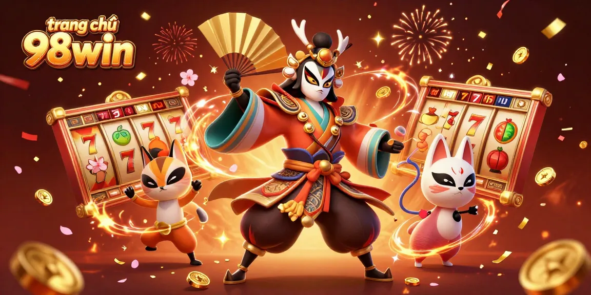 Experience the excitement of trang chủ 98win with a vibrant 3D illustration featuring kabuki warriors and slot games.