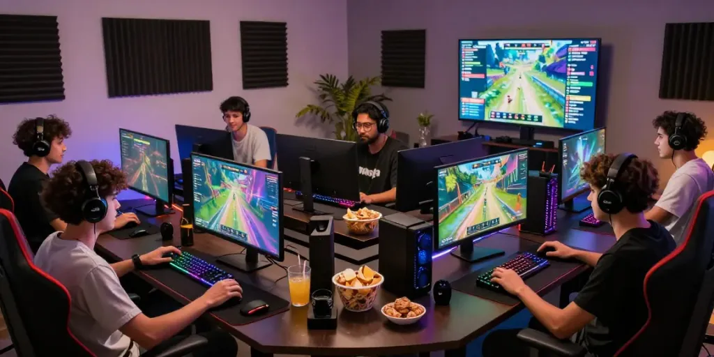 Suasana bermain game Kediritoto dengan pemain asyik di ruang modern.