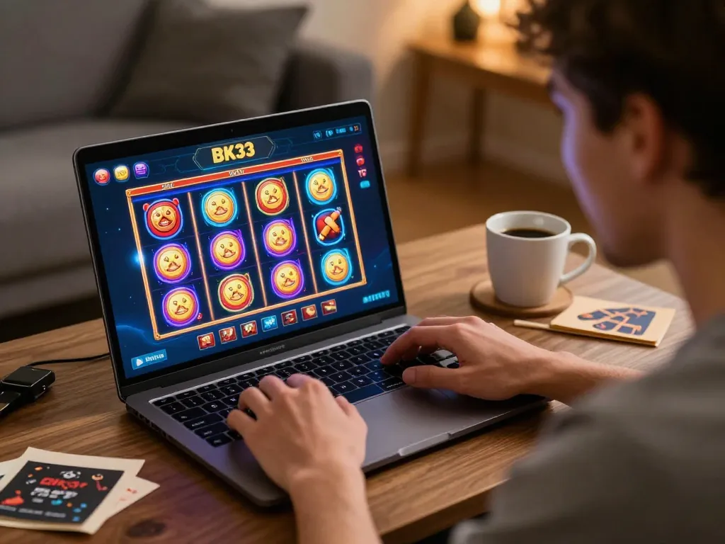 Player enjoying BK33 online casino games at home in a cozy setup.