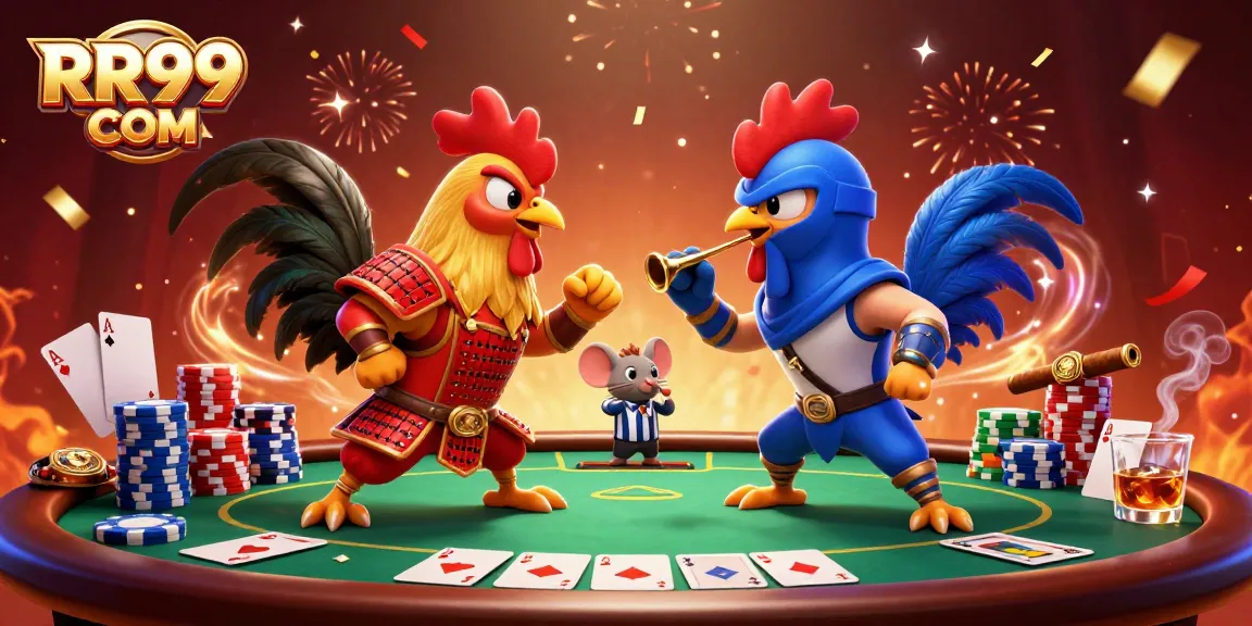 Engage in thrilling gameplay at RR99 COM with dynamic cartoon roosters battling at a poker table.