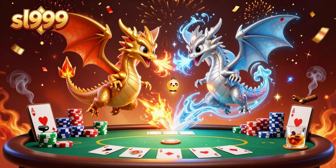 Win big with sl999 in this vibrant 3D illustration featuring dynamic poker elements and dragons.