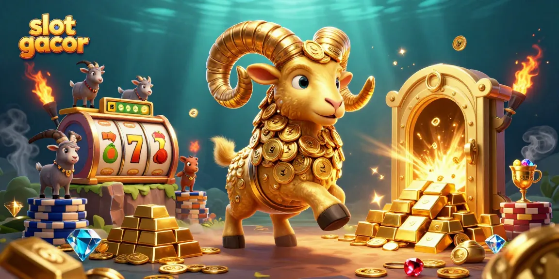 Prediksi slot gacor dengan ilustrasi domba emas di gerbang harta karun, mengundang keberuntungan