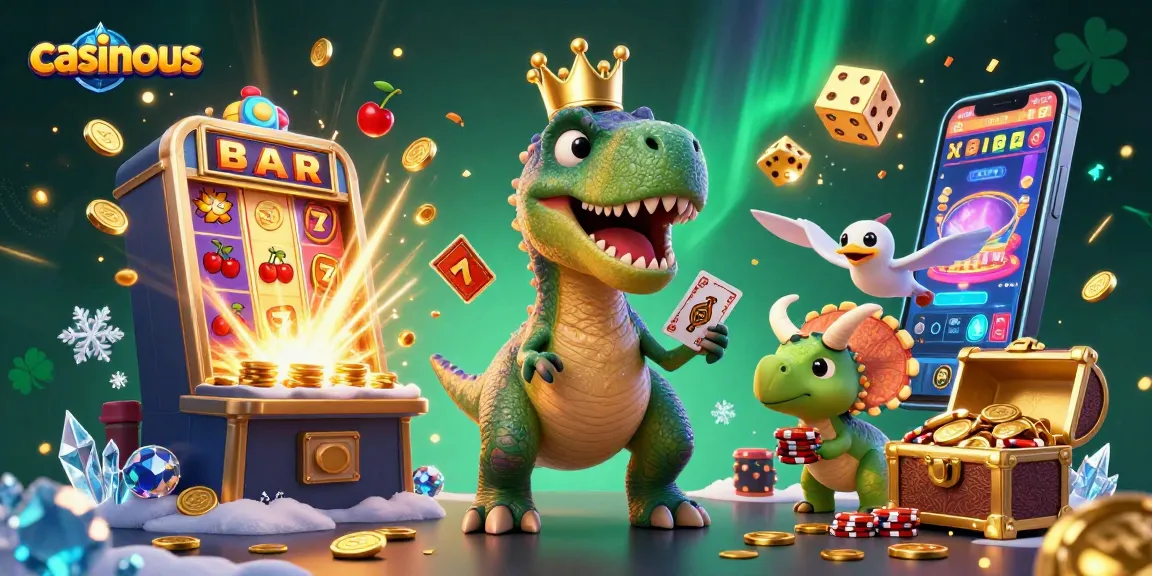 Casinous showcases a friendly T-Rex playing cards with a pterodactyl while chips stack high, all in a festive casino scene.