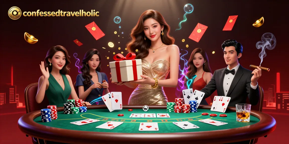 Engage with confessedtravelholic as a stunning Asian woman in a festive casino setting for an exciting gambling experience.