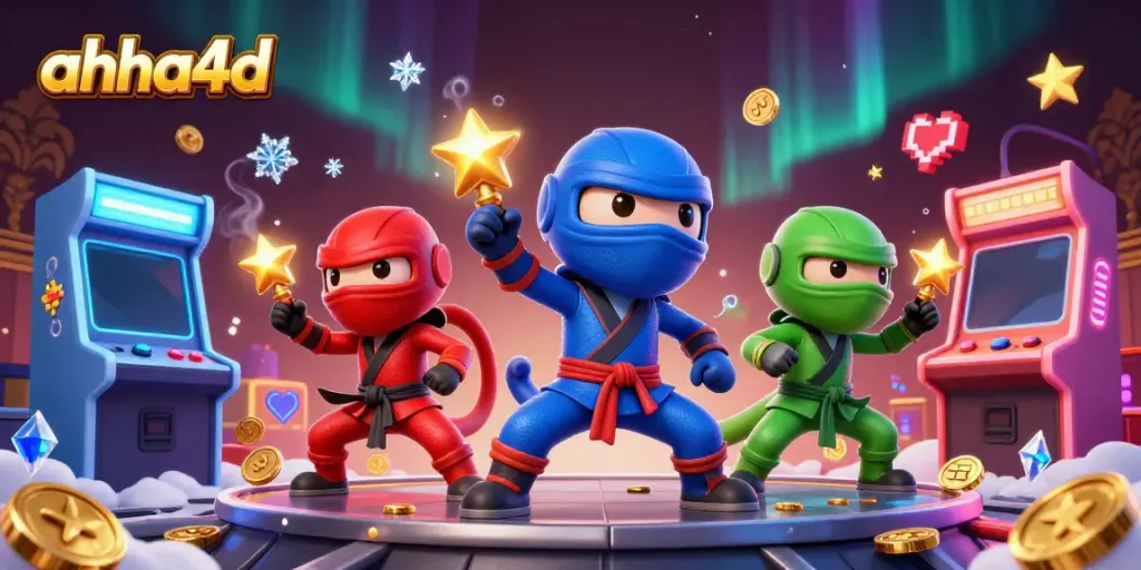 Experience excitement with ahha4d as ninja chameleons battle amidst vibrant arcade elements in a casino-themed scene.