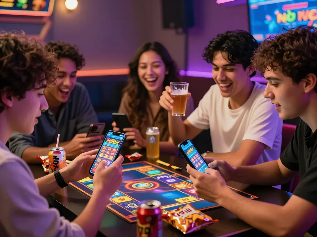 Friends joyfully engaging in a nổ hũ game night, showcasing vibrant graphics and celebratory atmosphere.