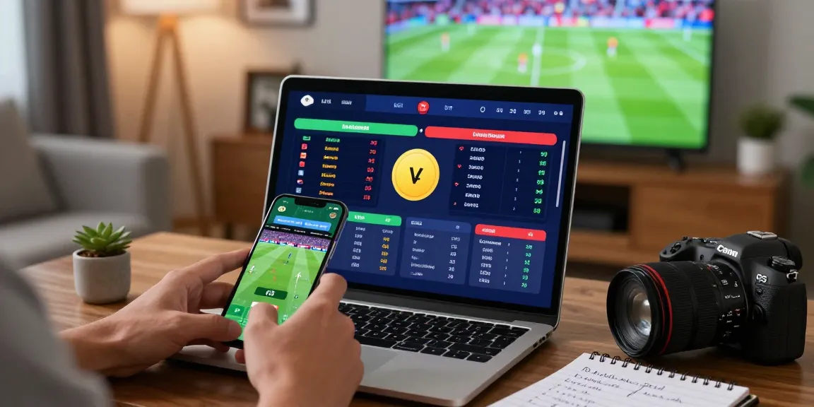 Engaged bettor checking soi kèo nhà cái on mobile phone, surrounded by dynamic sports betting statistics in a cozy setting.