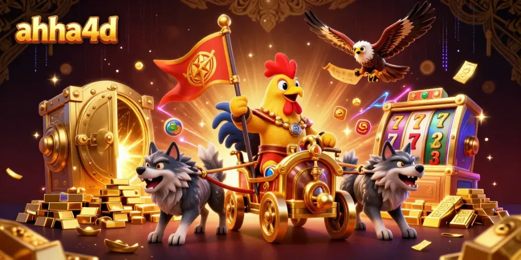 Experience thrilling wins with ahha4d's vibrant 3D casino adventure featuring a rooster warlord and golden treasures.