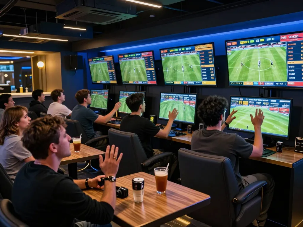 Engaged bettors analyzing kèo nhà cái at a modern sports betting lounge, surrounded by screens.
