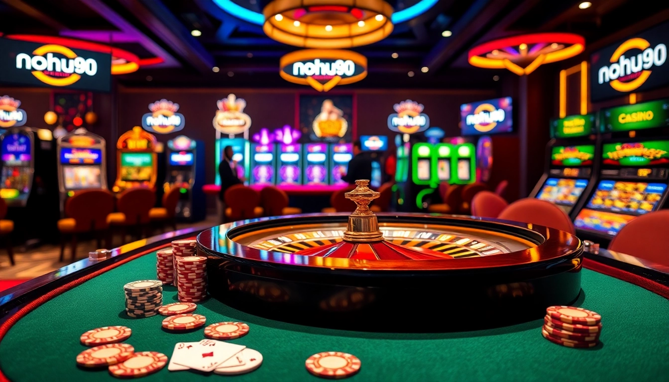 A dynamic casino scene showcasing players engaging with games at nohu90, featuring vibrant poker tables and slot machines.