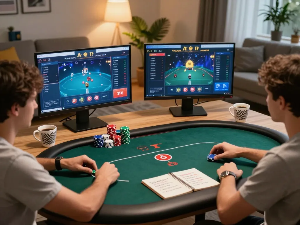 TR88 poker player managing stacks of chips and notes in a cozy online gaming setup