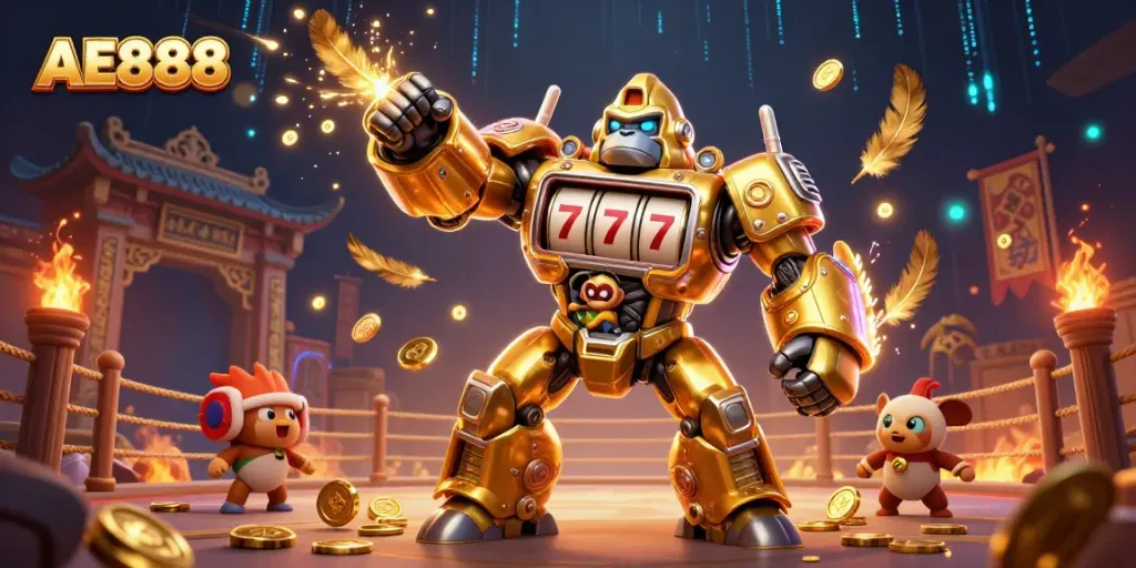 Experience thrilling action with AE888's dynamic gorilla mech throwing coins in a vibrant battle arena.