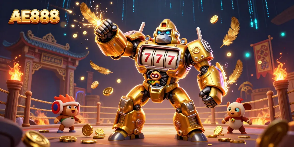 Experience thrilling action with AE888's dynamic gorilla mech throwing coins in a vibrant battle arena.