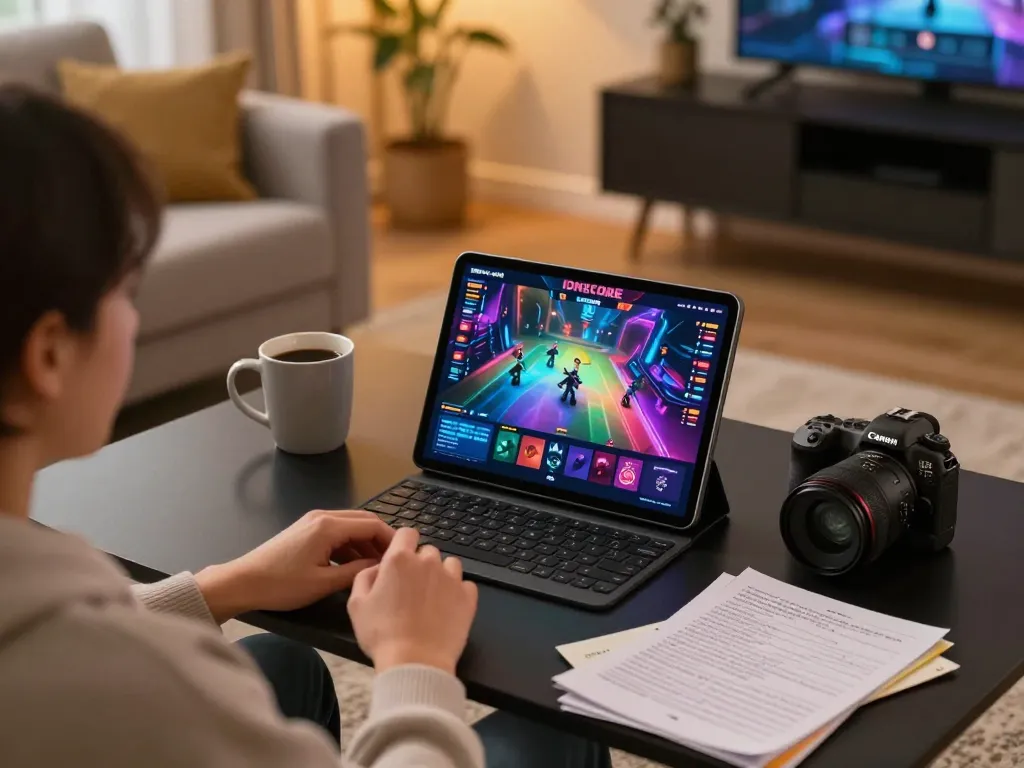 IDNSCORE gaming platform displayed on tablet during a lively home tournament game