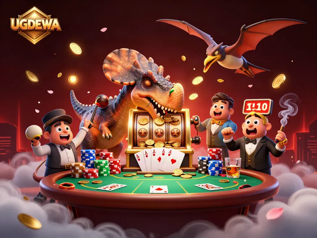 UGDEWA offers a thrilling online gaming experience with vibrant characters celebrating jackpots and profits.