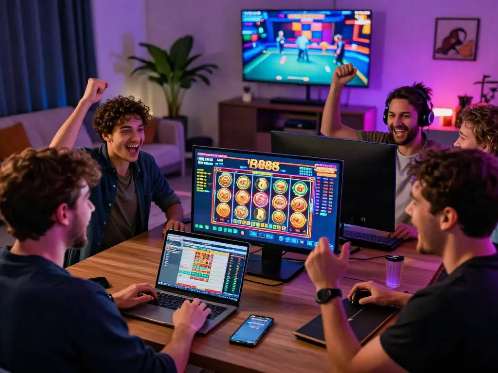 Group enjoying slot88 online gaming in a lively home atmosphere