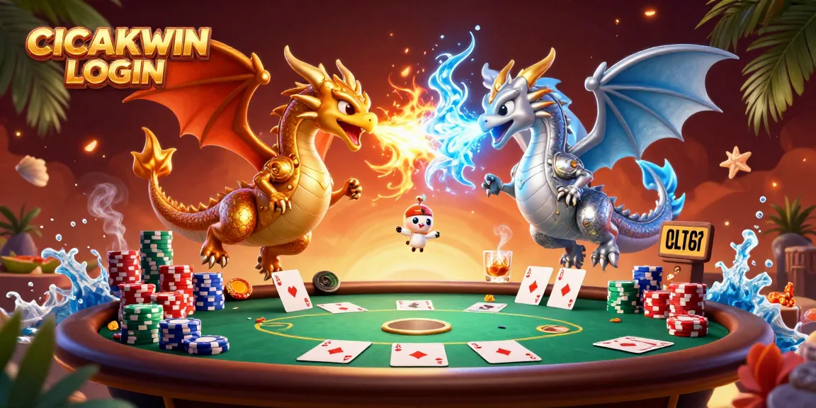 Engage with CICAKWIN LOGIN as twin dragons battle in a vibrant casino scene with poker elements.