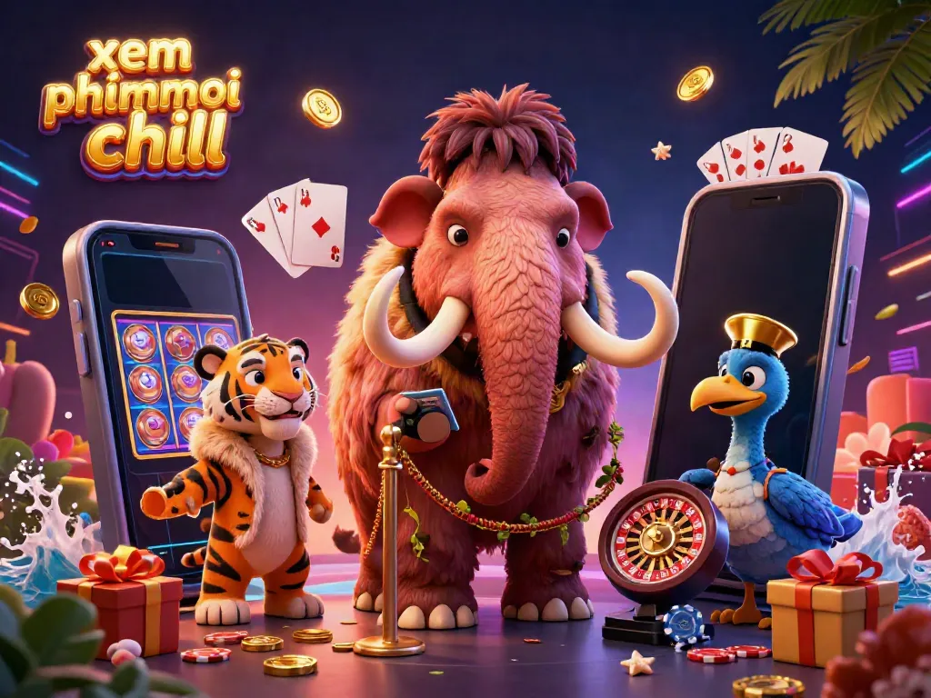 Xem phimmoi chill vibe captured in a dynamic 3D casino scene featuring cartoon characters and slot game elements.