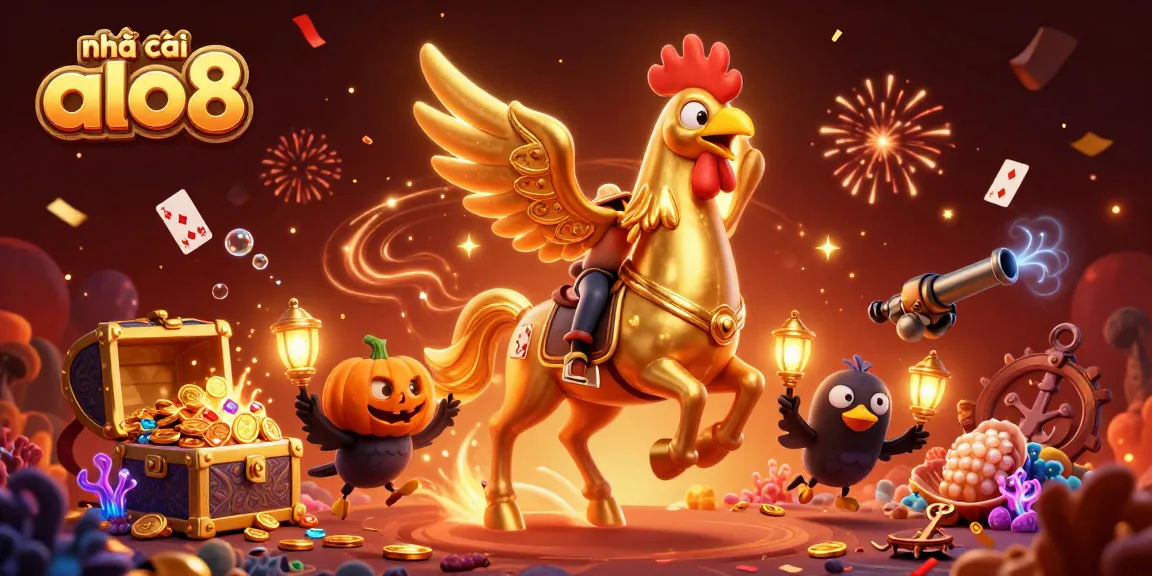 Experience the excitement at nhà cái alo8 with vibrant casino action featuring a golden rooster and glowing treasures.