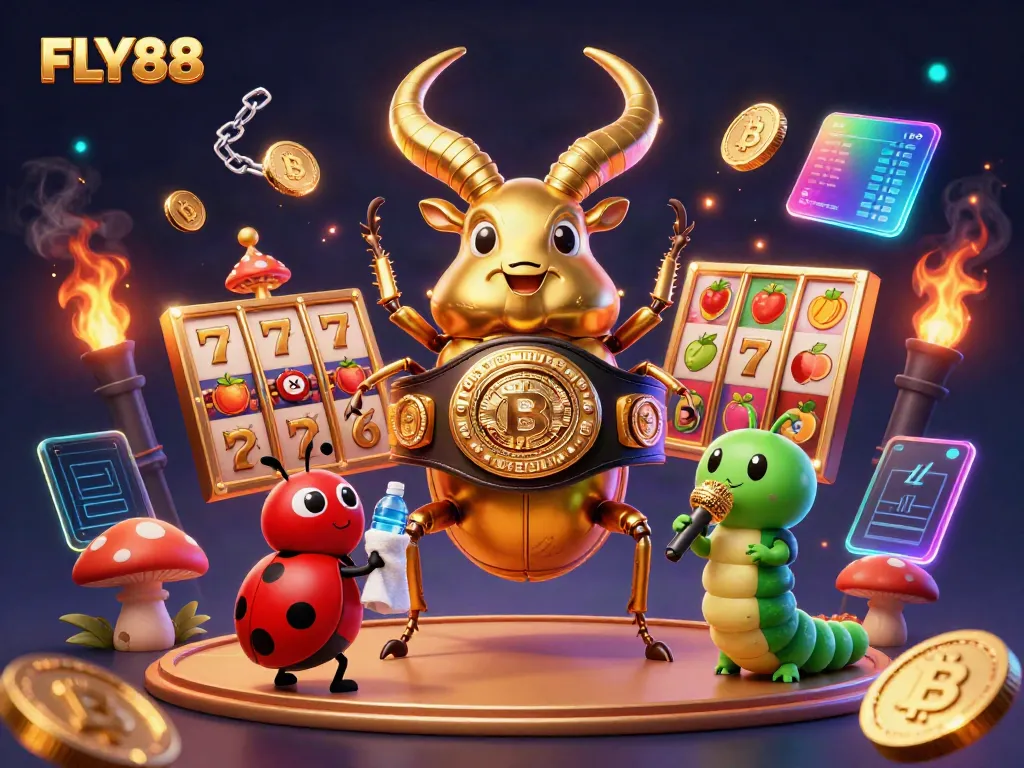 Engage with FLY88's vibrant casino gaming scene featuring animated characters and winning elements.