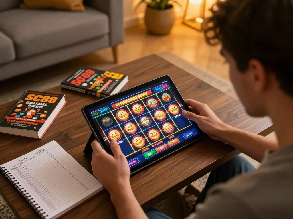 Player engaging with SC88 online slots while managing bankroll and strategy notes in a cozy home setting.