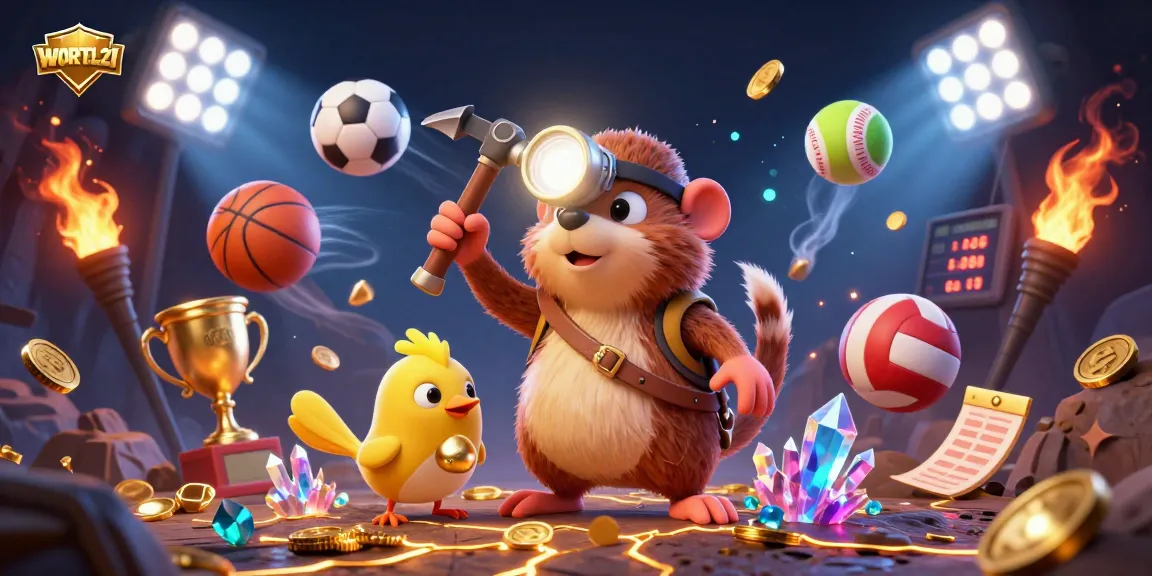 WORTEL21 showcases a treasure hunter mole and canary in a vibrant casino scene filled with dynamic sports elements.
