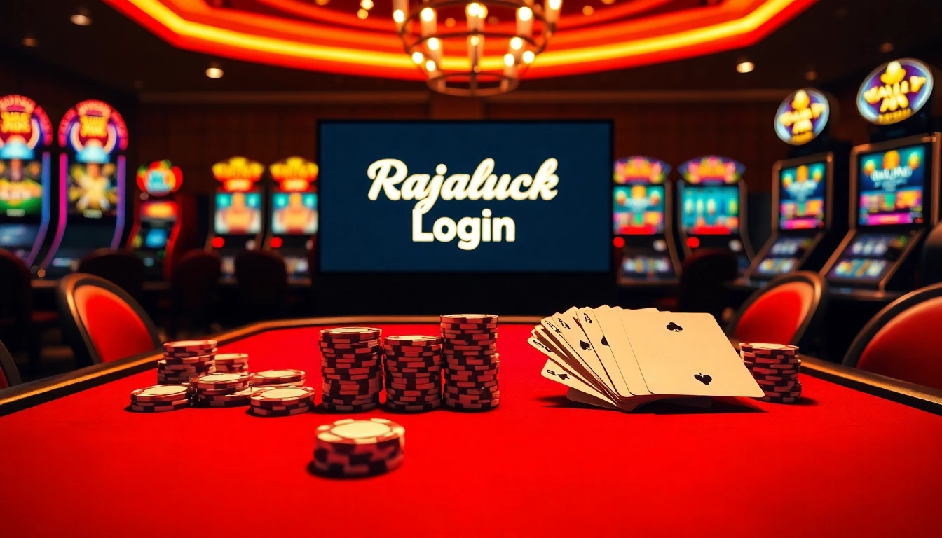 Experience seamless Rajaluck Login at a vibrant casino scene with poker chips and cards.