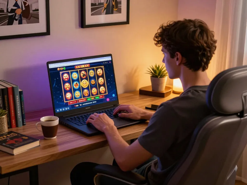 Pengalaman perjudian online yang menarik di OKESLOT, menampilkan gulungan slot yang cerah di laptop.