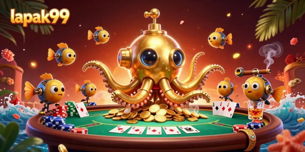 Engage with lapak99 in a vibrant poker scene featuring a cartoon kraken submarine in golden coins.