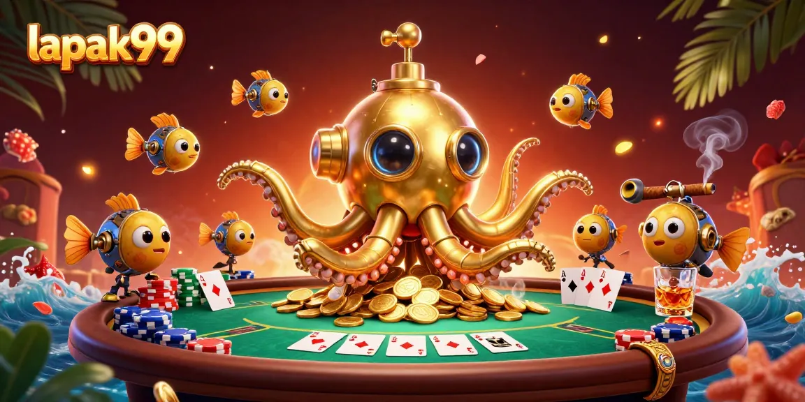 Engage with lapak99 in a vibrant poker scene featuring a cartoon kraken submarine in golden coins.