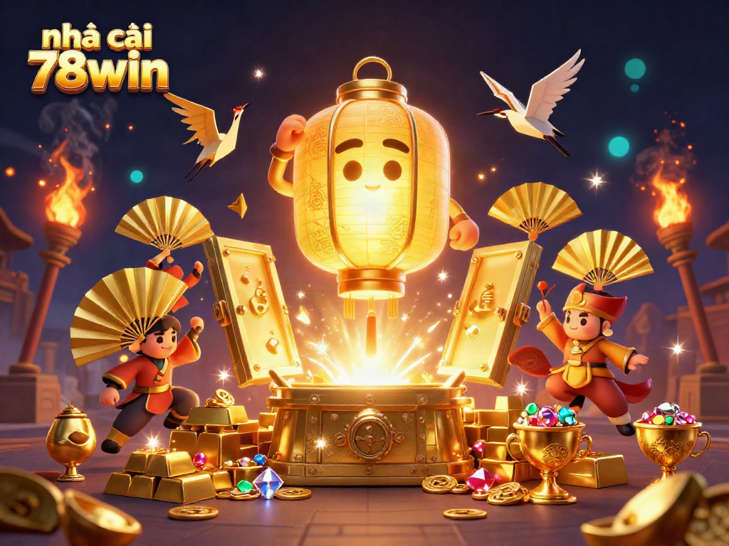 A vibrant scene depicting nhà cái 78win with glowing lantern spirit, warriors, and gold treasures scattered amidst a night market casino setting.