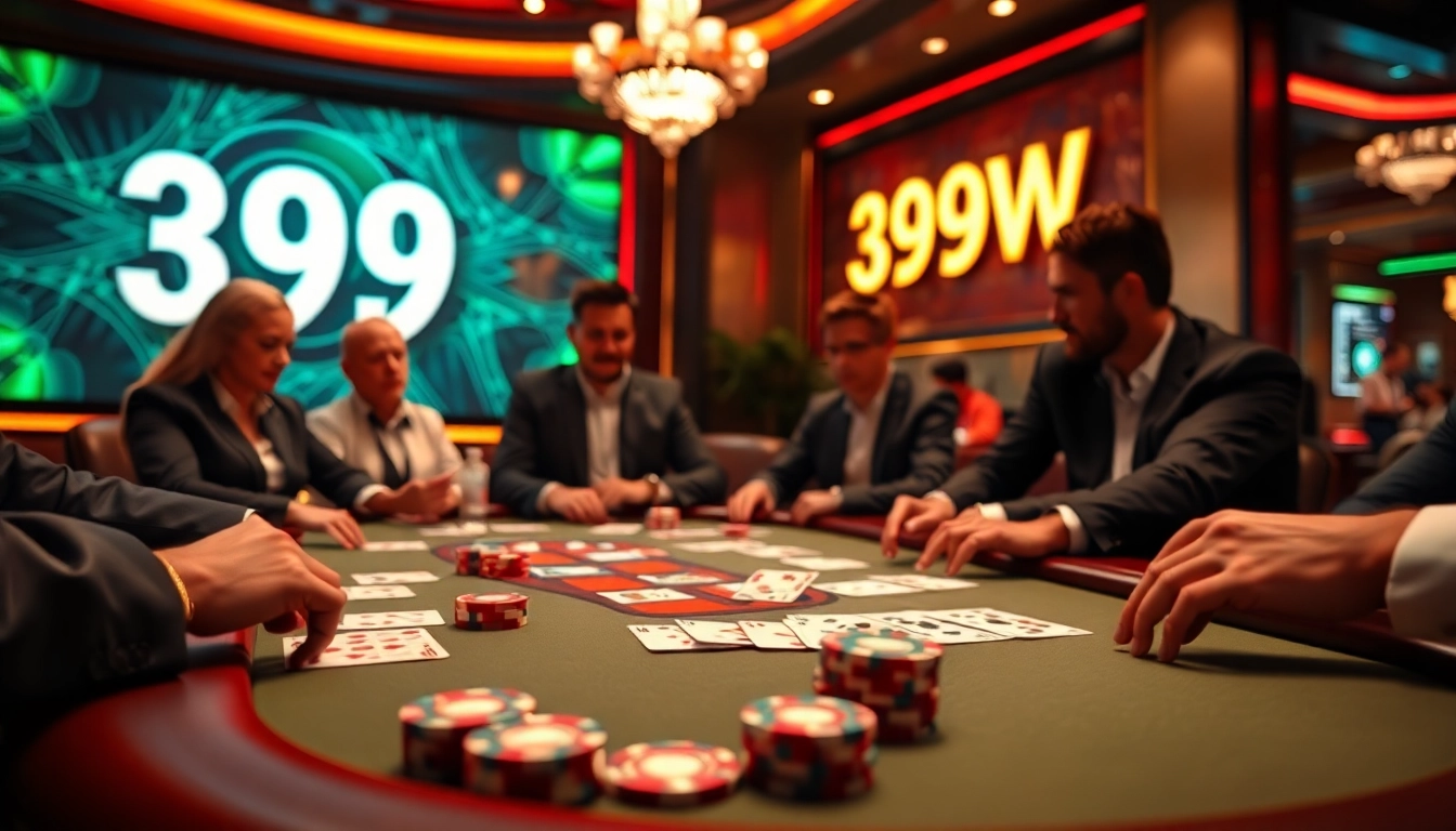 Experience the thrill of 399W with a vibrant casino scene featuring poker and chips.