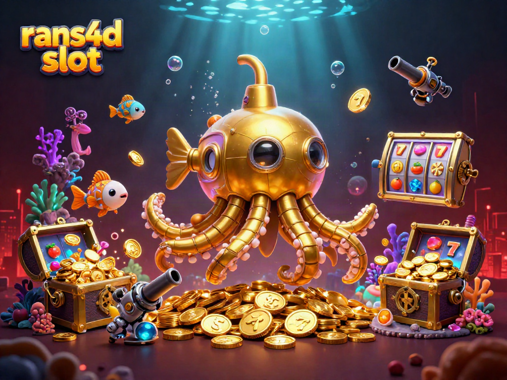 Permainan rans4d slot dengan karakter kraken emas dan koin emas di latar bawah laut.