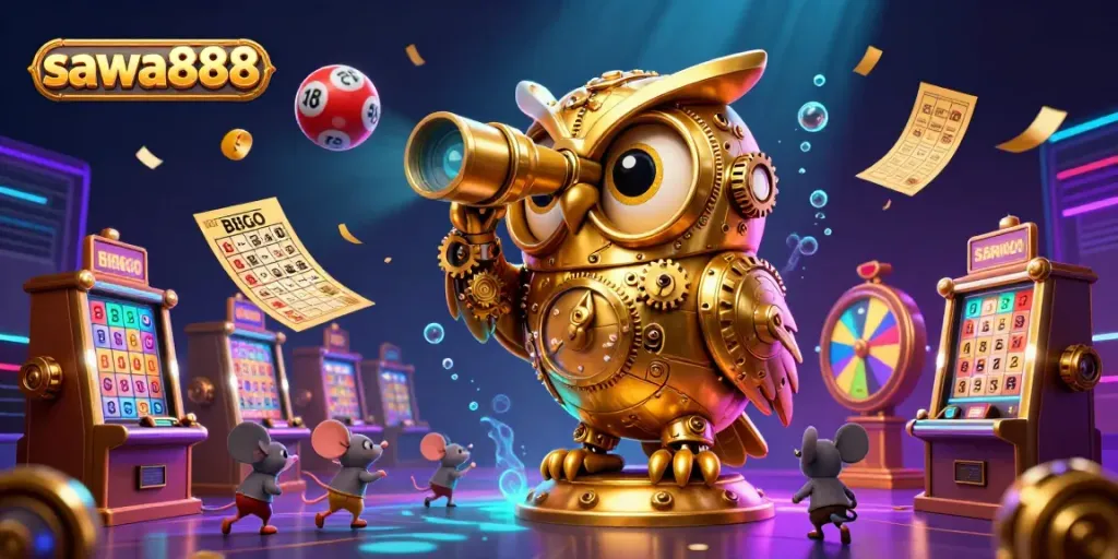 Engage with sawa888's vibrant casino illustrations featuring a golden owl and energetic game elements.