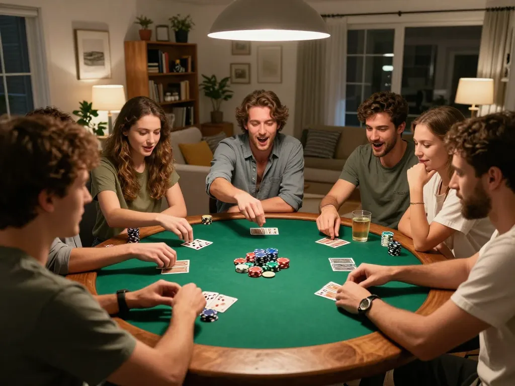 Friends enjoying an exciting poker night at home showcasing strategic gameplay and vibrant atmosphere, featuring VSBET excitement.