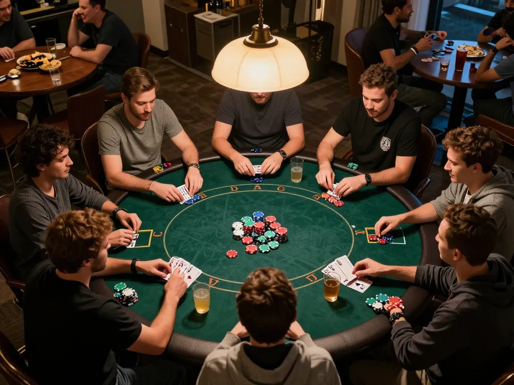 Players enjoy an exciting poker night at home, showcasing game dynamics with 78win's social elements.