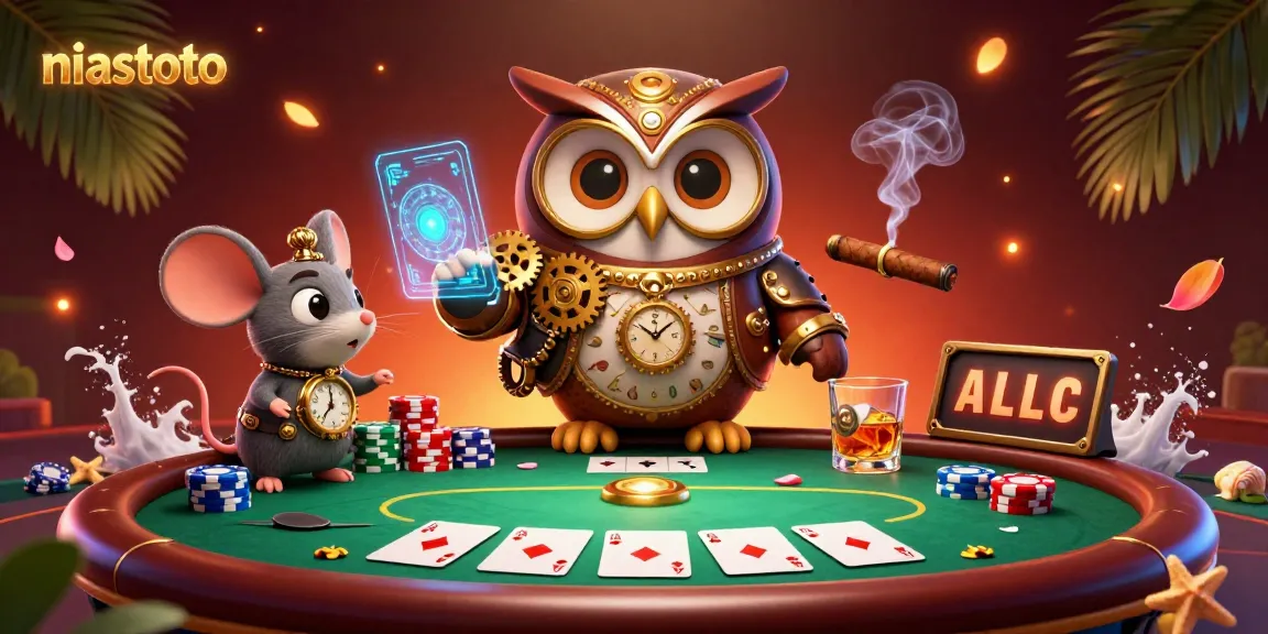 NIASTOTO's vibrant 3D casino scene with a time-traveler owl and poker elements showcases thrilling gameplay.