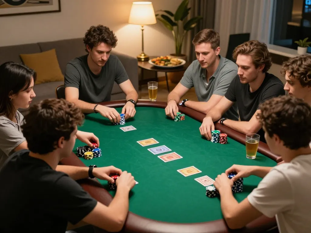 Friends engaged in a poker game at home, showcasing nhà cái 33win strategy and bonding