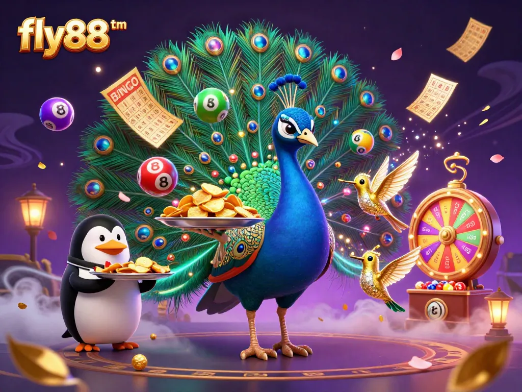 fly88tm captivates players with vibrant casino-themed illustration featuring a peacock and penguin in action.
