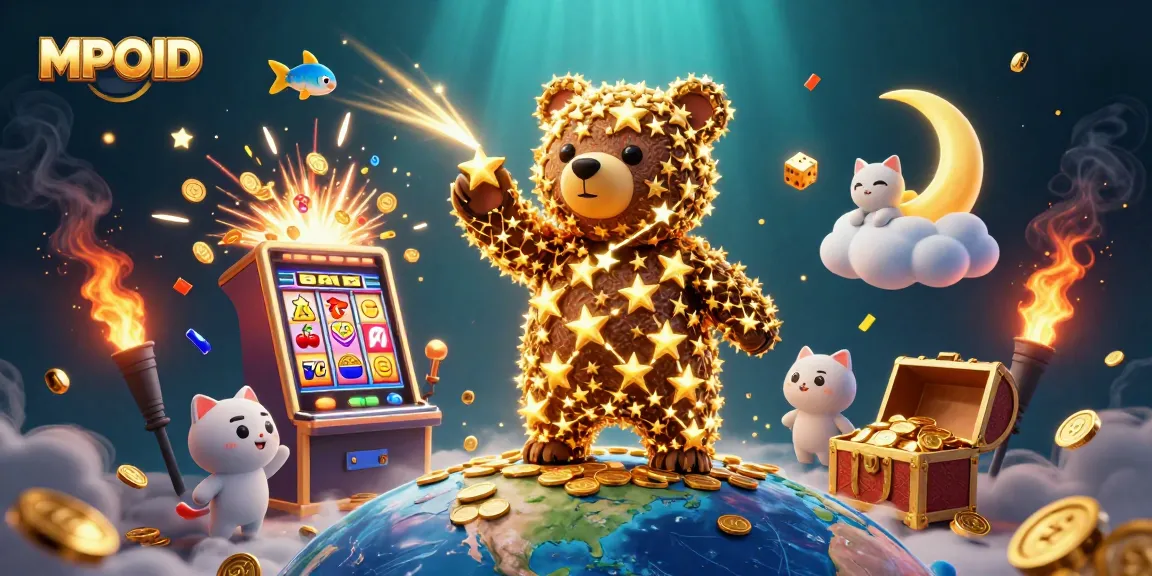 MPOID offers thrill with a constellation bear scooping coins amidst a vibrant casino scene