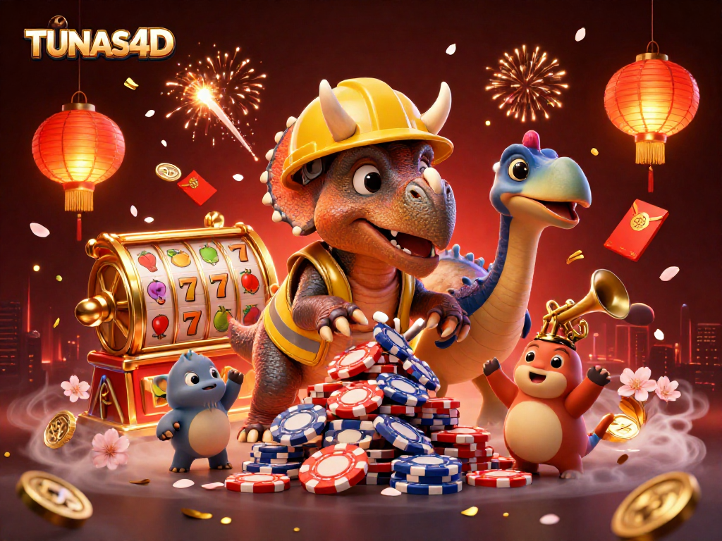 Experience thrilling gameplay with TUNAS4D, featuring a lively illustration of slot reels and vibrant characters.